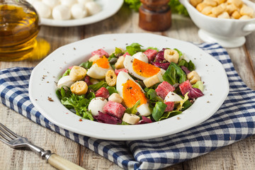 Delicious Italian salad with salami, egg, crostini and mozzarella.