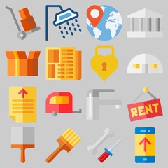 Icon set about Real Assets with keywords printed, work tools, painted, packaging, worldwide and shower