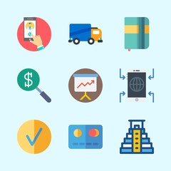 Icons about Business with agenda, checked, credit card, search, pyramid and delivery truck
