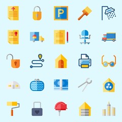icons set about Real Assets. with security system, painted, real estate, shower, text file and route