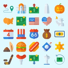 icons set about United States. with hockey, rocket ship, hat, quill, soda and united states