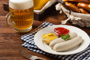 Boiled white sausage, served with beer and pretzels. Perfect for Octoberfest.