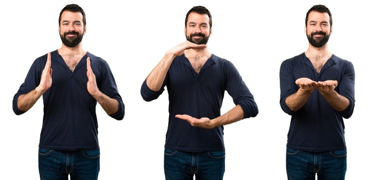 Set of Handsome man with beard holding something