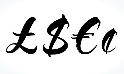 Brush lettering currency symbols. Modern calligraphy, handwritten letters. Vector illustration
