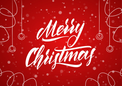 Merry Christmas. Handwritten elegant classic brush lettering with hand drawn decoration on red snowflake background.