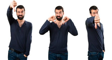 Set of Handsome man with beard making bad signal