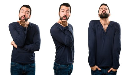 Set of Handsome man with beard sending a kiss
