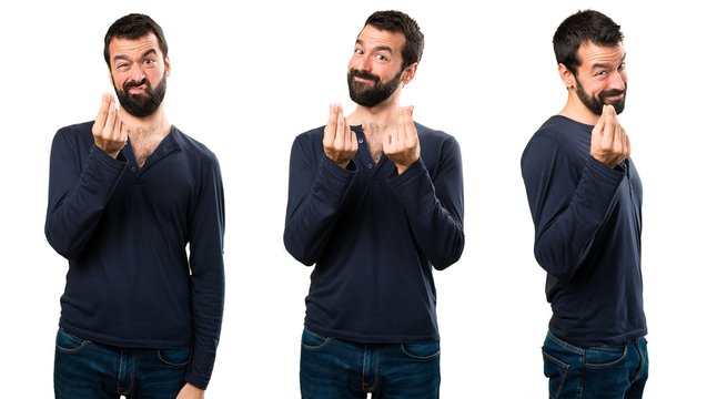 Set of Handsome man with beard making money gesture