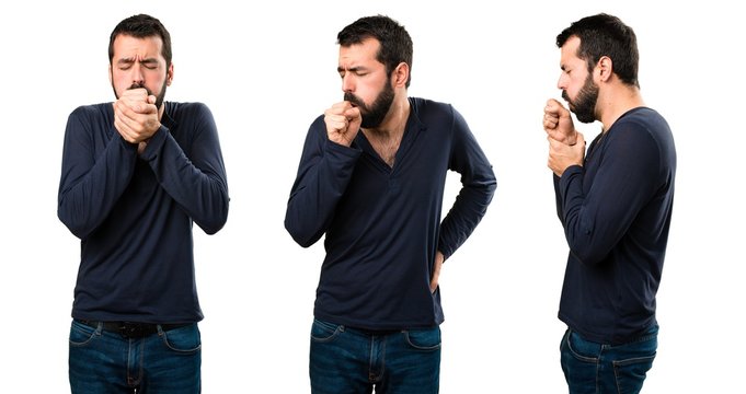 Set of Handsome man with beard coughing a lot