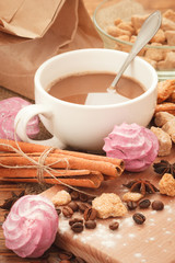 Cacao drink with cinnamon, cane sugar and marshmallows