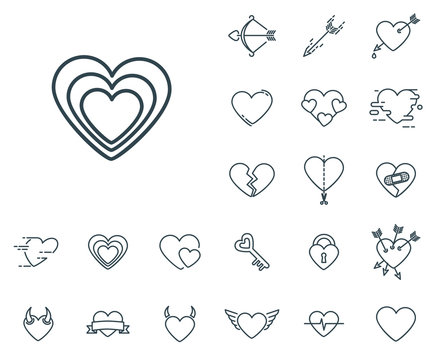 Hearts icon in set on the white background. Set of thin, linear and modern hearts icons. Universal linear icons to use in web and mobile app.