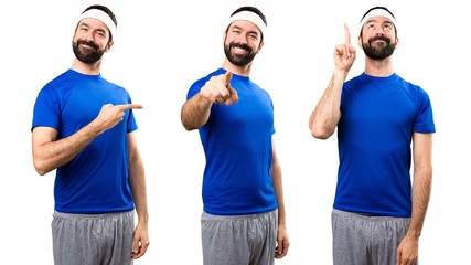 Set of Funny sportsman pointing to the front, lateral and up