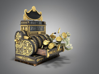 Old vintage cash register with flying money and coins 3d render on grey background