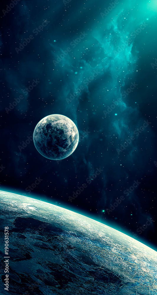 Poster space scene. blue nebula with planet. elements furnished by nasa. 3d rendering