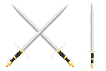 Naklejka premium An old weapon on a white background. Crossed swords. Vector illustration of a cartoon style