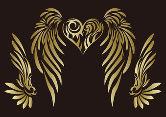 トライバル。ハートと翼。ステッカー。エンブレム。