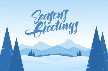 Fototapeta na wymiar Vector illustration. Winter snowy landscape with hand drawn lettering of Season's Greetings, pines and mountains