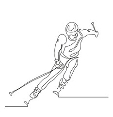 Continuous line drawing. Illustration shows a Alpine skier skiing downhill. Winter sport. Extreme. Vector illustration