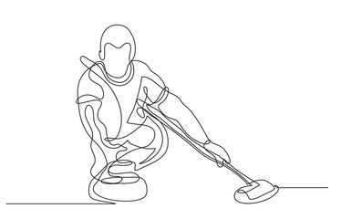 Continuous line drawing. Illustration shows a athlete playing curling. Curling. Winter sport. Vector illustration