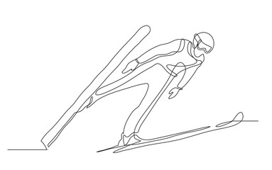 Continuous line drawing. Illustration shows a athlete performs a jump from a springboard to ski. Ski jumping. Vector illustration