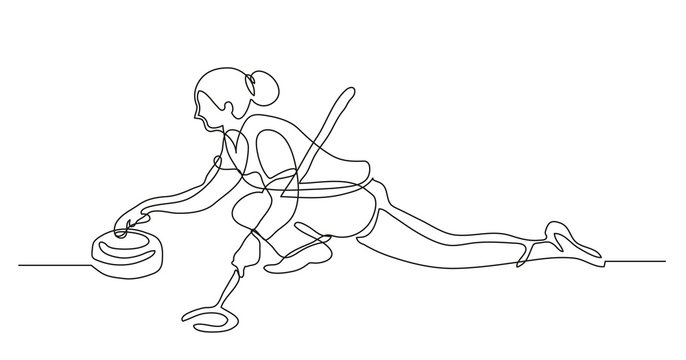 Continuous line drawing. Illustration shows a athlete playing curling. Curling. Winter sport. Vector illustration
