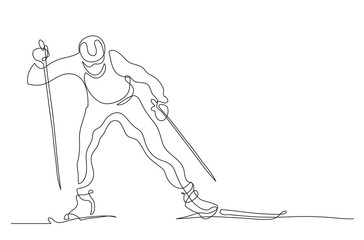 Continuous line drawing. Illustration shows a athlete runs on skis. Cross country skiing. Winter sport. Vector illustration