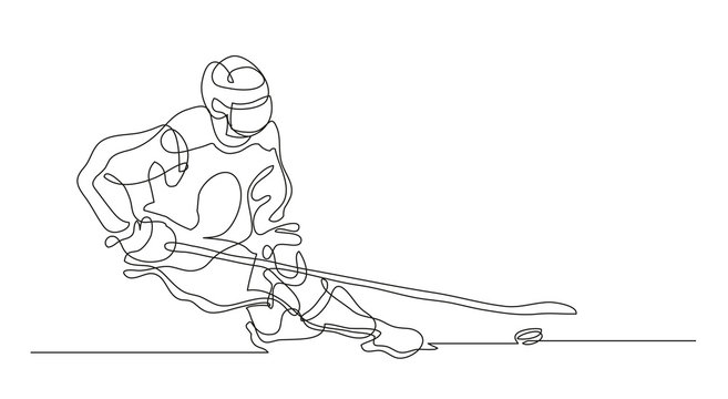 Continuous line drawing. Illustration shows a hockey player in attack. Ice Hockey. Vector illustration