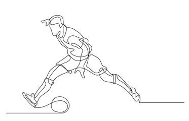 Continuous line drawing. Illustration shows a football player kicks the ball. Soccer. Vector illustration