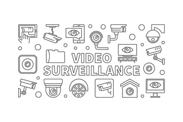 Video surveillance vector banner in thin line style