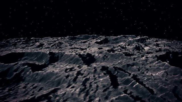 3D Animation of Flying over the Moon surface. View from a spaceship. Close up.
