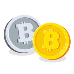 Bitcoin. 2D cartoon bit coin. Digital currency. Cryptocurrency. Golden coins with symbol isolated on white background. Vector illustration