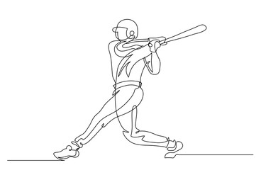 Continuous line drawing. Illustration shows a player beats a baseball bat on the ball. Sport. Baseball. Vector illustration