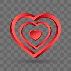 Pendant from swirled red heart borders in 3D. Conception of infinite love. Abstract swirl volumetric ribbon in heart shape. Vector illustration