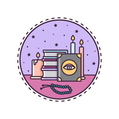 Spell books and candles. Vector illustration.