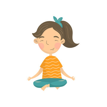 Beautiful girl sitting in lotus position and meditating, teen girl practicing yoga cartoon vector Illustration