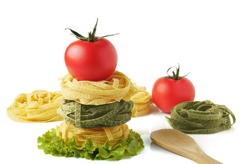 Pasta with tomatoes on a white background