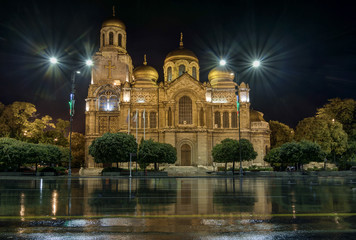 cathedral Varna by rainy night - obrazy, fototapety, plakaty