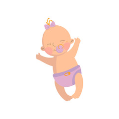 Sweet baby girl in pink diaper with pacifier cartoon vector Illustration