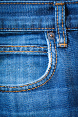 Jeans / Denim. Blue Jeans Fabric With Pocket And Seams For Design Close Up.
