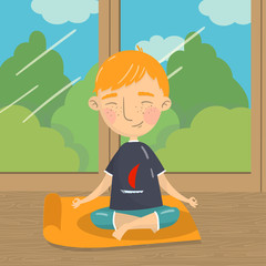 Cute boy sitting in lotus position and meditating, boy practicing yoga on the background of window with summer view vector illustration, cartoon style