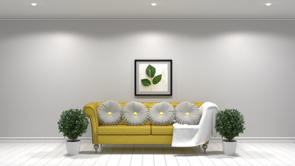 White living room interior design, Yellow fabric sofa ,lamp and plants and frame on empty white wall .3D rendering