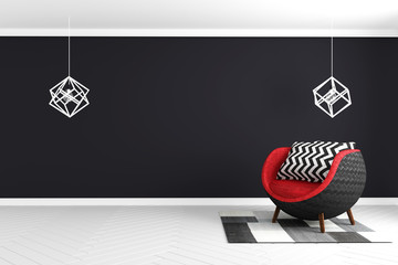 Black wall background in white glossy floor with red armchair and lamp and carpet modern style . 3D rendering