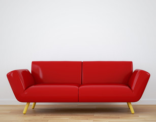 Red Sofa, Wooden floor on empty white wall background. 3D rendering