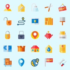 icons set about Real Assets. with money icons, shower, text file, padlock, route and for rent