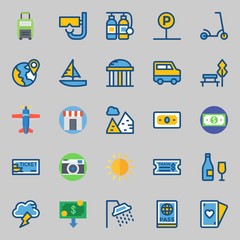 icons set about Travel. with ticket, scooter, oxygen tank, wine, park and snorkel