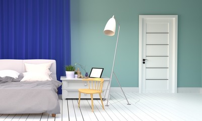 Bed Room interior - mint style - bed and pillows, plants, lamp, door, frame and wooden chair, white floor on empty green mint wall background. 3D rendering