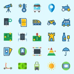 icons set about Travel. with poker, scooter, location, wine, tower and thermometer