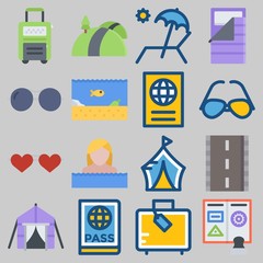 Icon set about Beach And Camping with keywords suitcase, sleeping bag, sea life, passport, tent and road