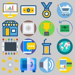 Icon set about Digital Marketing with keywords settings, shop, worldwide, presentation, statistics and medal