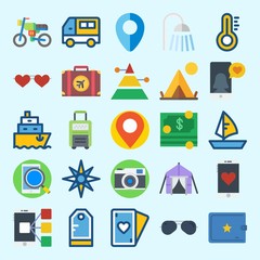 icons set about Travel. with wallet, car, location, smartphone, windrose and tent